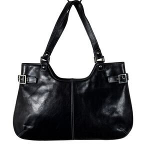 Nordstrom Black Leather Shoulder Bag Tote Y2K Paisley Organizer Buckle Purse